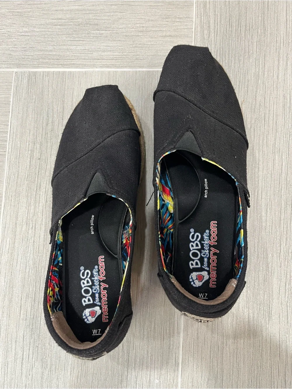 Skechers by BOBS Black Canvas Espadrille Wedge with Tropical Print Lining